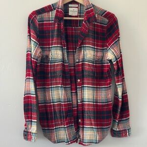 Cozy American Eagle Red and Blue Plaid Flannel Button-Up Shirt